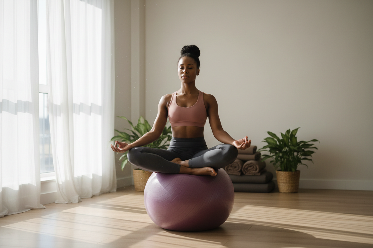 A black lady using a purple yoga ball during a yoga session indoors