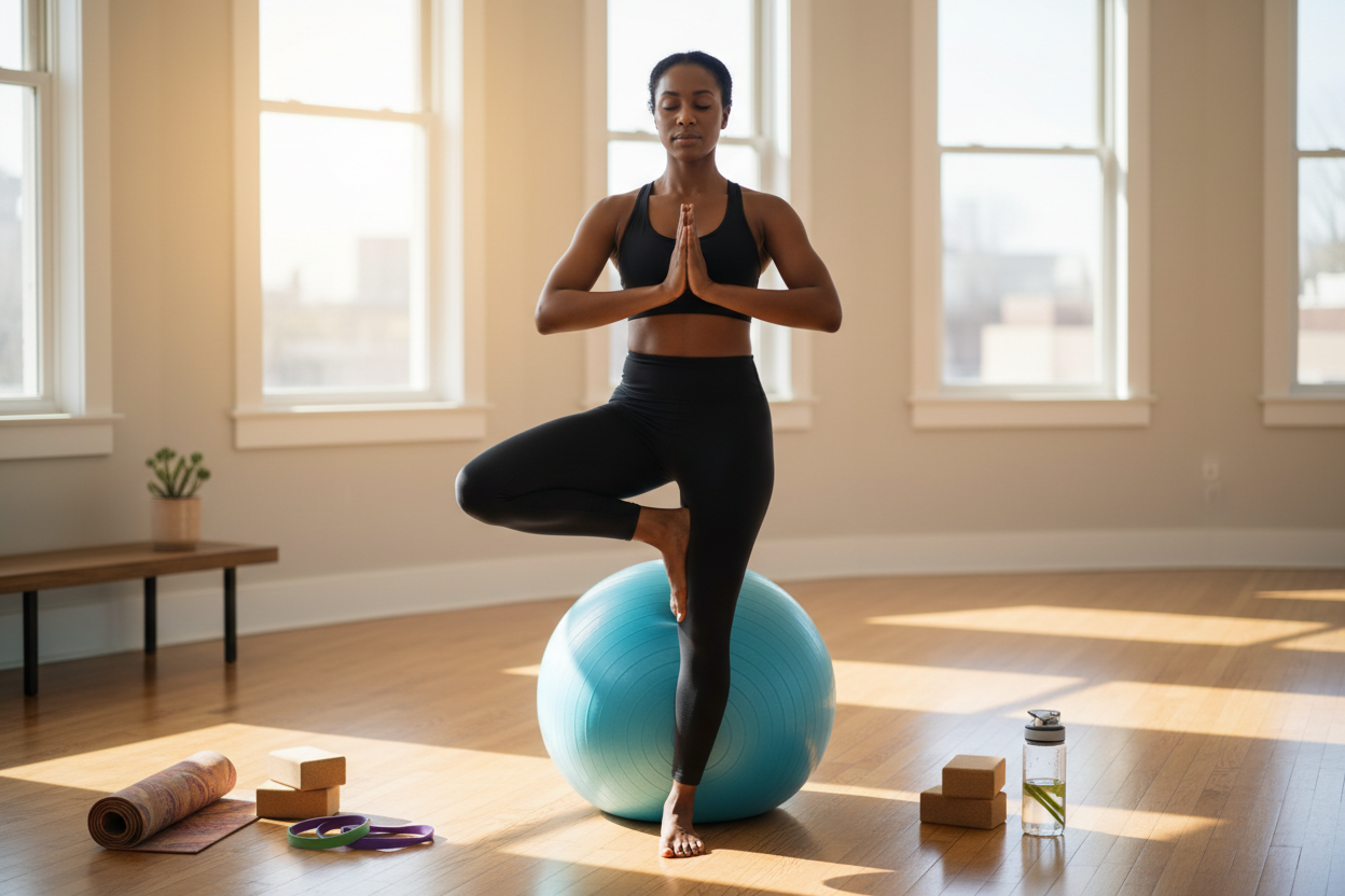 A black woman performing yoga on a blue yoga ball indoors alongside other yoga accessories 