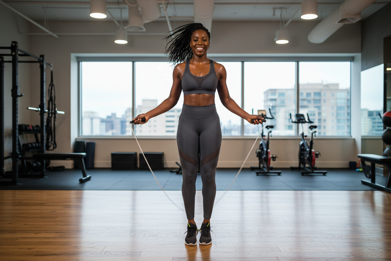 A black woman skipping with a jump rope wearing gym outfit indoors