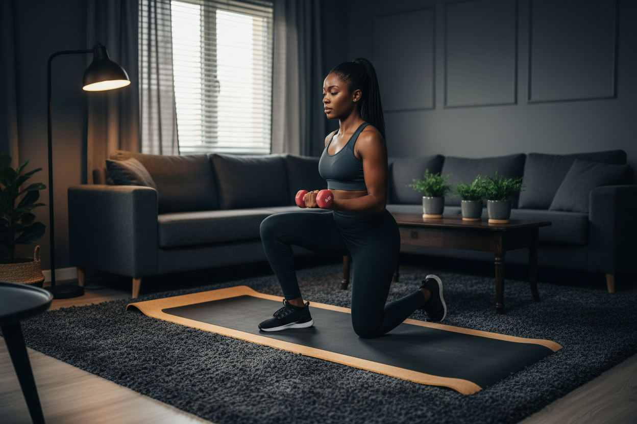 A Nigerian lady in gym outfit and on an eco yoga mat holding a 5kg pink dumbbell in a dark colored living room