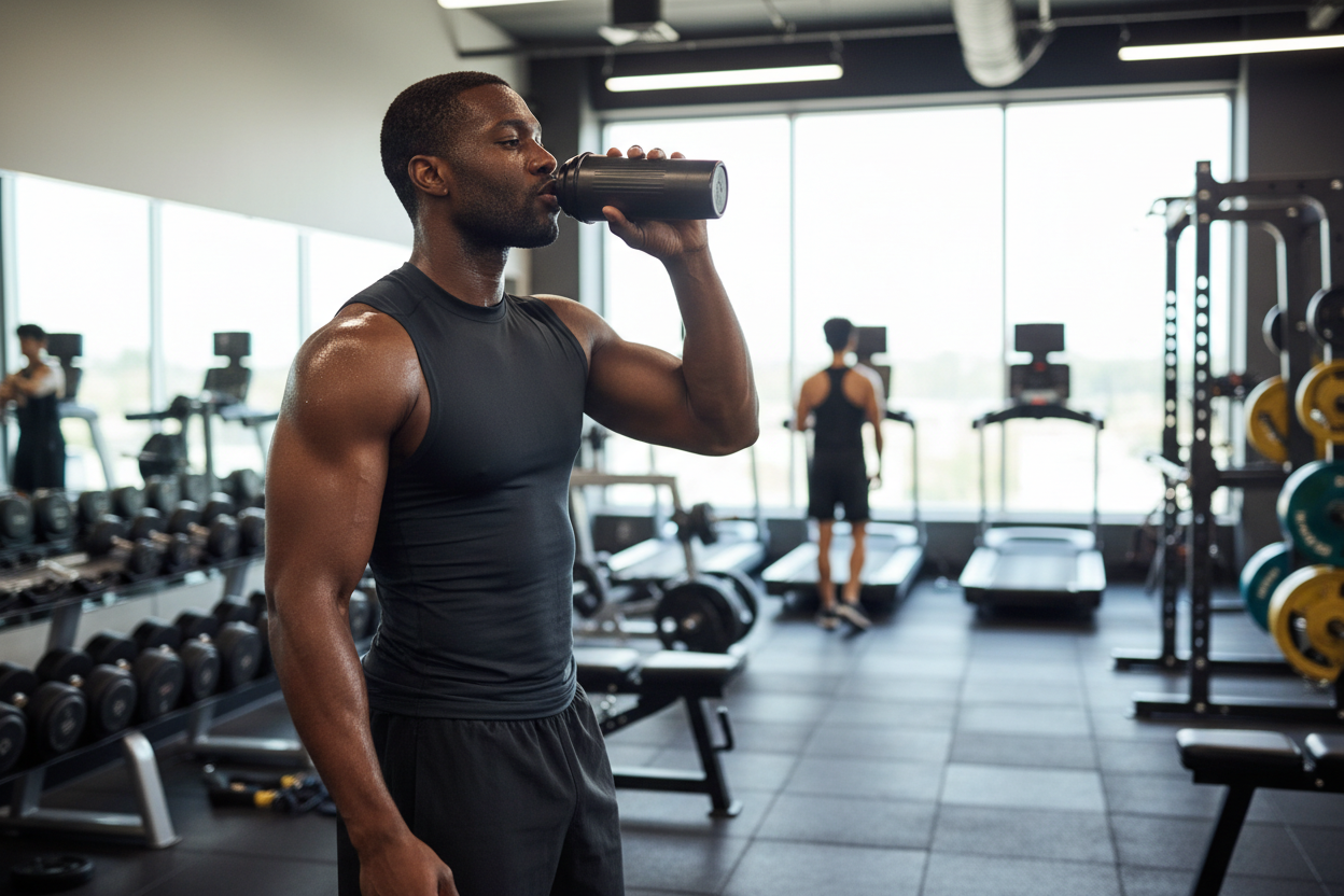 Black guy drinking from a shaker bottle in a gym setting 
