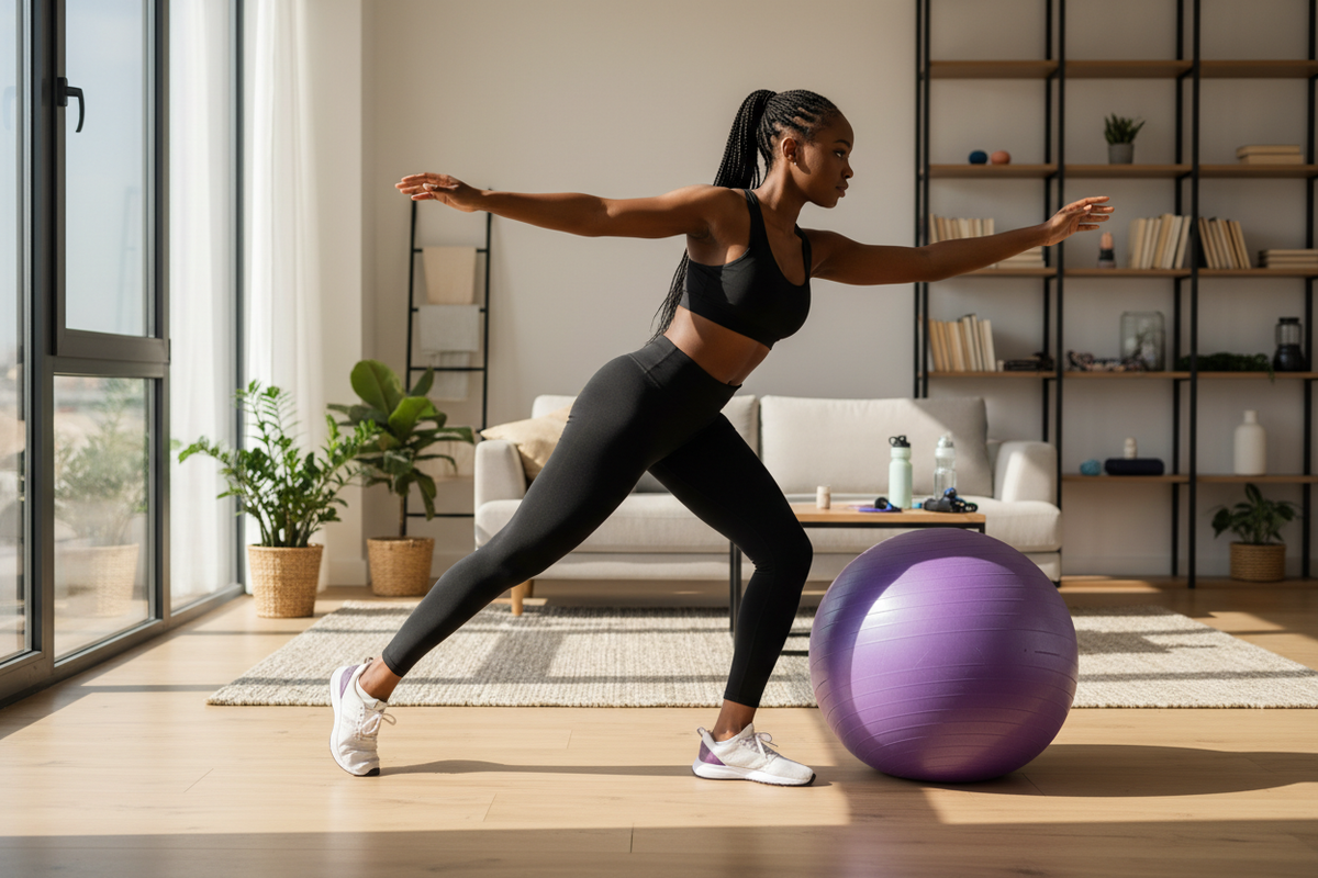 Black woman sliding on a purple yoga ball indoors