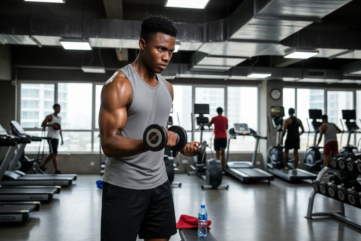 Nigerian man in a Nigerian gym wearing a breathable gym top and sneakers working out